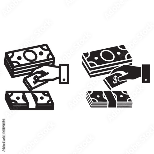 Hands exchanging stacks of currency bills for financial transactions