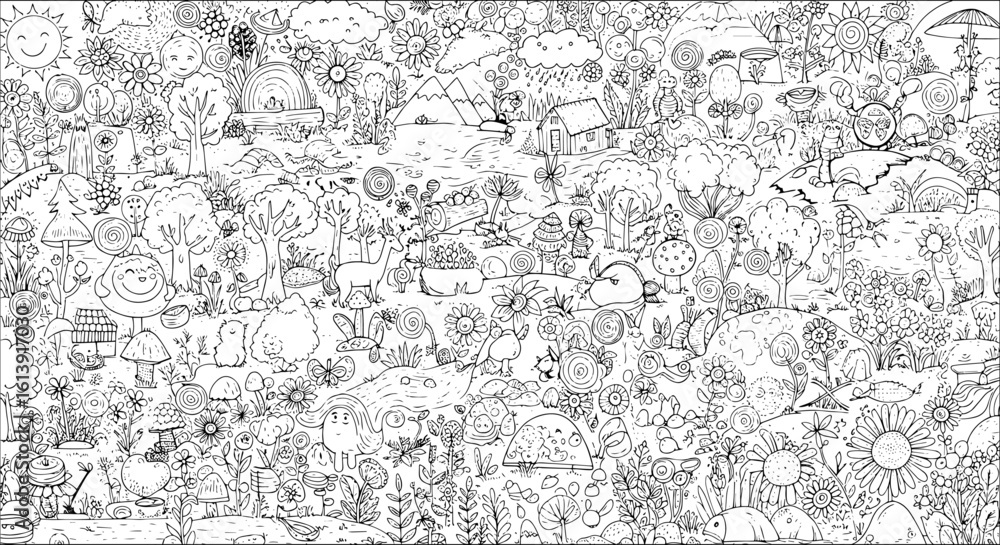 Obraz premium Whimsical Forest Wonderland: Intricate Black and White Coloring Page with Detailed Doodle Art, Smiling Creatures, Cute Animals, and Lush Nature Scenes for Relaxation.