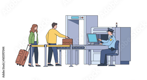 Passengers undergo airport security checks at the screening checkpoint with baggage scanning equipment and personnel guiding the process for safe travel