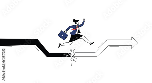 Businesswoman leaps across a broken path indicating career advancement and overcoming obstacles to reach new opportunities and success