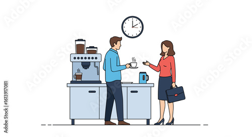 A person receives a coffee from a coffee machine at work while another person watches intently