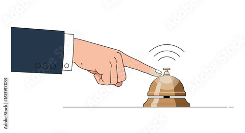 Customer service bell ringing promptly hand pressing metal bell for assistance in hospitality and retail environments requiring attentive staff