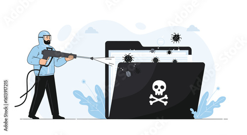 Cybersecurity specialist cleans malicious files from digital folder representing data security threat removal