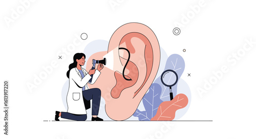 Audiologist examining patient ear with otoscope focusing on hearing health and ear canal examination