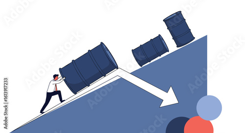 Man pushing heavy barrels up steep incline facing downward momentum gravitational force challenges