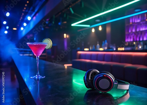 A vibrant cocktail and headphones sit on a bar counter in a modern nightclub, illuminated by colorful neon lights, creating a lively and stylish atmosphere for a night of music and drinks