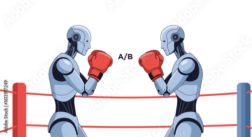 Two advanced robots wearing boxing gloves are facing off in a ring ready for a high-stakes match