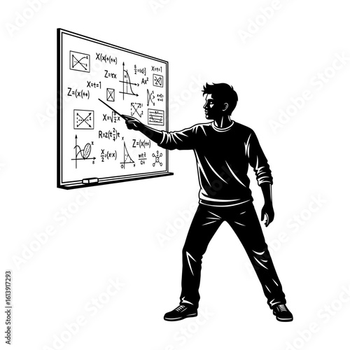 A man pointing at a whiteboard filled with mathematical equations and diagrams in black and white style