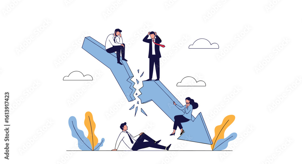 Fototapeta premium Team of people witnessing a business failure depicted by a breaking downward trend arrow graph illustration