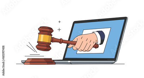 Online auction hammer digital gavel striking on a laptop keyboard representing remote bidding and electronic transactions for goods and services