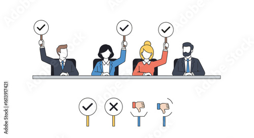 Team members sitting at a table showing approval and disapproval vote signs to demonstrate business decision making and evaluation process