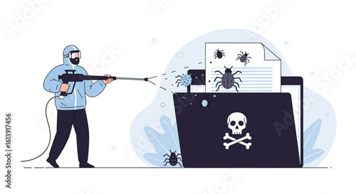 Professional cybersecurity expert cleaning computer viruses and malware from digital documents with high pressure equipment