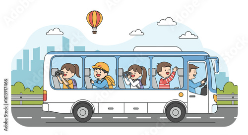 Children enjoying sightseeing trip on a tourist bus exploring city attractions with hot air balloon overhead