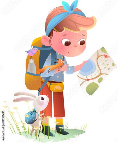 Girl and Animals Friends Hiking Outdoors with Backpack and a Map. Forest adventure of child in nature. Little girl and rabbit on a journey with backpack. Cartoon kids character vector illustration