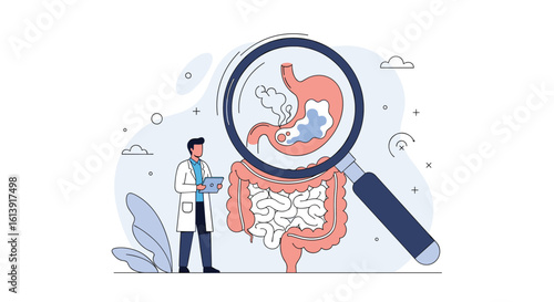Gastrointestinal health doctor examining stomach and intestines through magnifying glass medical concept