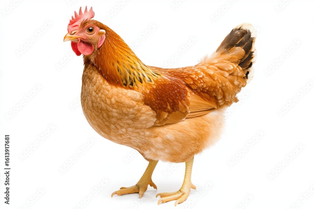 Fototapeta premium Close-Up of a Charming Brown Hen Standing on White Background with Beautiful Feathers and Bright Eyes Showcasing the Beauty of Farm Life
