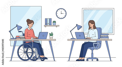 Two women working independently at desks in a modern office environment with one using a wheelchair for accessibility