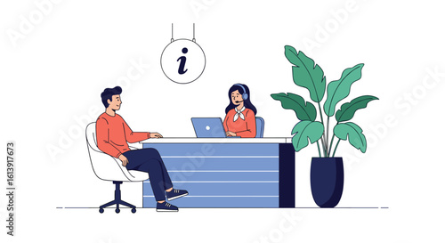 Professional customer service representative assisting a client at a modern reception desk with informational support