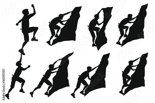Silhouettes of people rock climbing on a cliff face in various poses