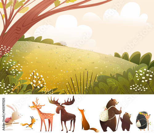 Scenic meadow autumn landscape with wildflowers trees and wild animals clipart collection. Wildlife animals and fall nature scenery hand drawn clip art. Cartoon animals vector illustration for kids