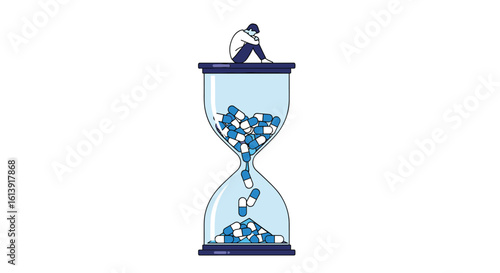 Concept of time passing quickly for a person sitting on top of an hourglass