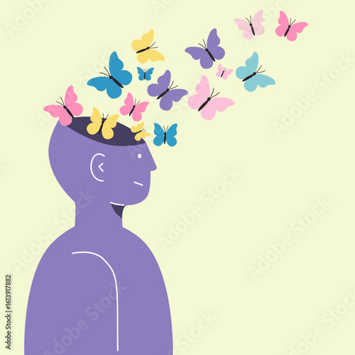 Abstract human mind with colorful butterflies flying out. Mental health and freedom. Creative ideas and imagination concept.