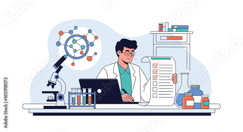 Scientist conducting complex molecular research in a modern laboratory environment with advanced equipment and detailed analysis charts