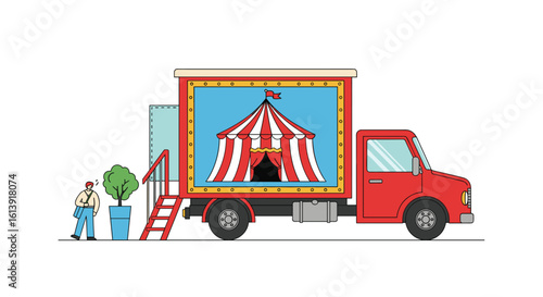 A colorful truck displays a vibrant circus tent on its digital screen promoting outdoor entertainment events