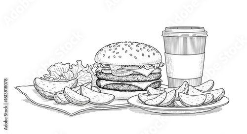 Delicious burger meal with crispy fries and a refreshing drink perfect for lunch or dinner