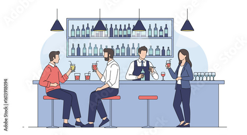 People enjoying drinks at a modern bar with a bartender serving beverages professionally