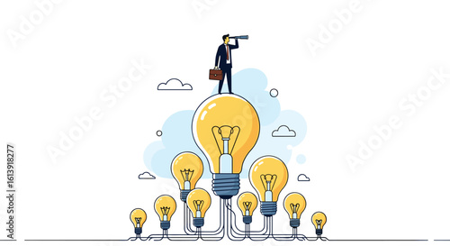 Businessman on top of many lightbulbs looking into distance through spyglass representing innovation and business vision