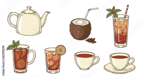 Refreshing beverages collection featuring teas tropical drinks and hot beverages for a delightful sip