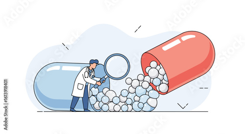 Scientists carefully examining tiny particles inside a giant medicine capsule with magnifying glass