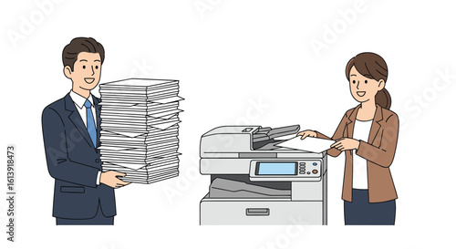 Office workers cooperating to efficiently handle large document stacks with copier machine assistance