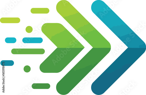 Abstract graphic featuring three overlapping right-pointing arrows with a motion blur effect, transitioning from green to blue.