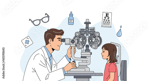 Optometrist examines young patient's eyes using advanced ophthalmic equipment for vision health assessment