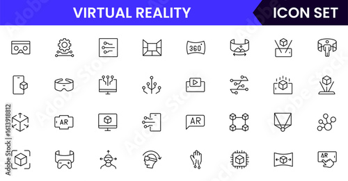 AR and VR vector line icons featuring headsets, 3D visuals, immersive experiences, controllers, simulations, digital environments, interaction, and virtual technology.