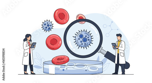 Researchers analyzing microscopic organisms and blood cells under magnification in a laboratory setting