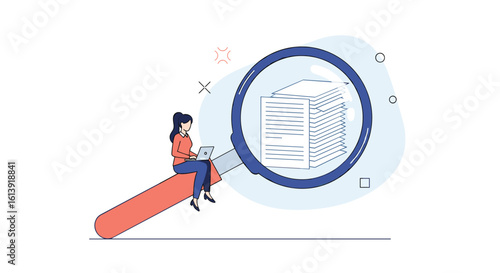Illustrating the process of thoroughly reviewing documents and information using a magnifying glass tool for enhanced data analysis and insight discovery