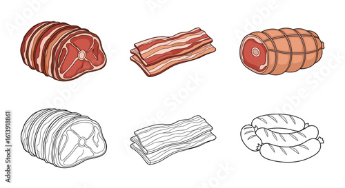 Assortment of raw fresh meat cuts and their outlined representations displayed on a white background with a clear visual presentation