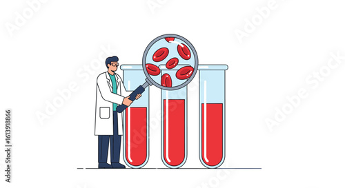 Scientist examining blood samples under a magnifying glass in a laboratory setting discovering cellular anomalies and understanding health