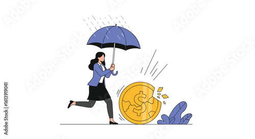Businesswoman protecting falling gold coin from heavy rain underneath an umbrella
