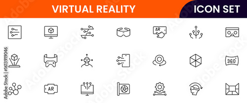 AR and VR vector line icons featuring headsets, 3D visuals, immersive experiences, controllers, simulations, digital environments, interaction, and virtual technology.