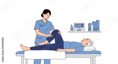 Physical therapist assists elderly patient with knee mobility exercises on a treatment table