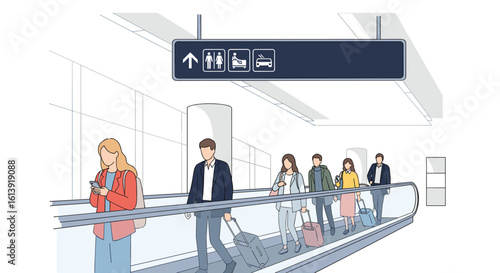 Modern airport departure lounge with diverse travelers awaiting their flights navigating busy terminals effortlessly