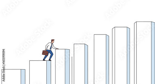 Businessman climbs up to reach higher success on growing chart indicating career advancement and economic development