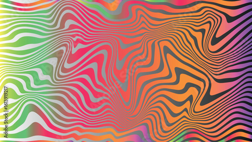 Vibrant retro wave vector background with flowing red and yellow curves, horizontal and vertical abstract layout in psychedelic 60s 70s inspired mod art style