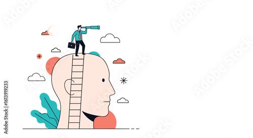 Visionary leader ascends ladder of success to explore future possibilities through telescopic vision