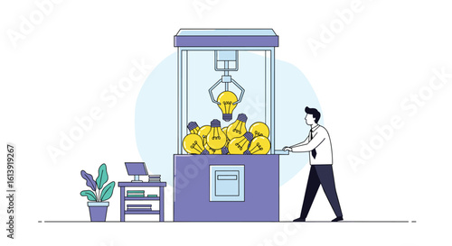 A person tries to win a bright idea lightbulb from a claw machine full of prizes