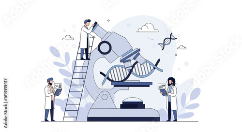 Scientists collaborating on gene sequencing research using advanced microscopy techniques for genetic discoveries